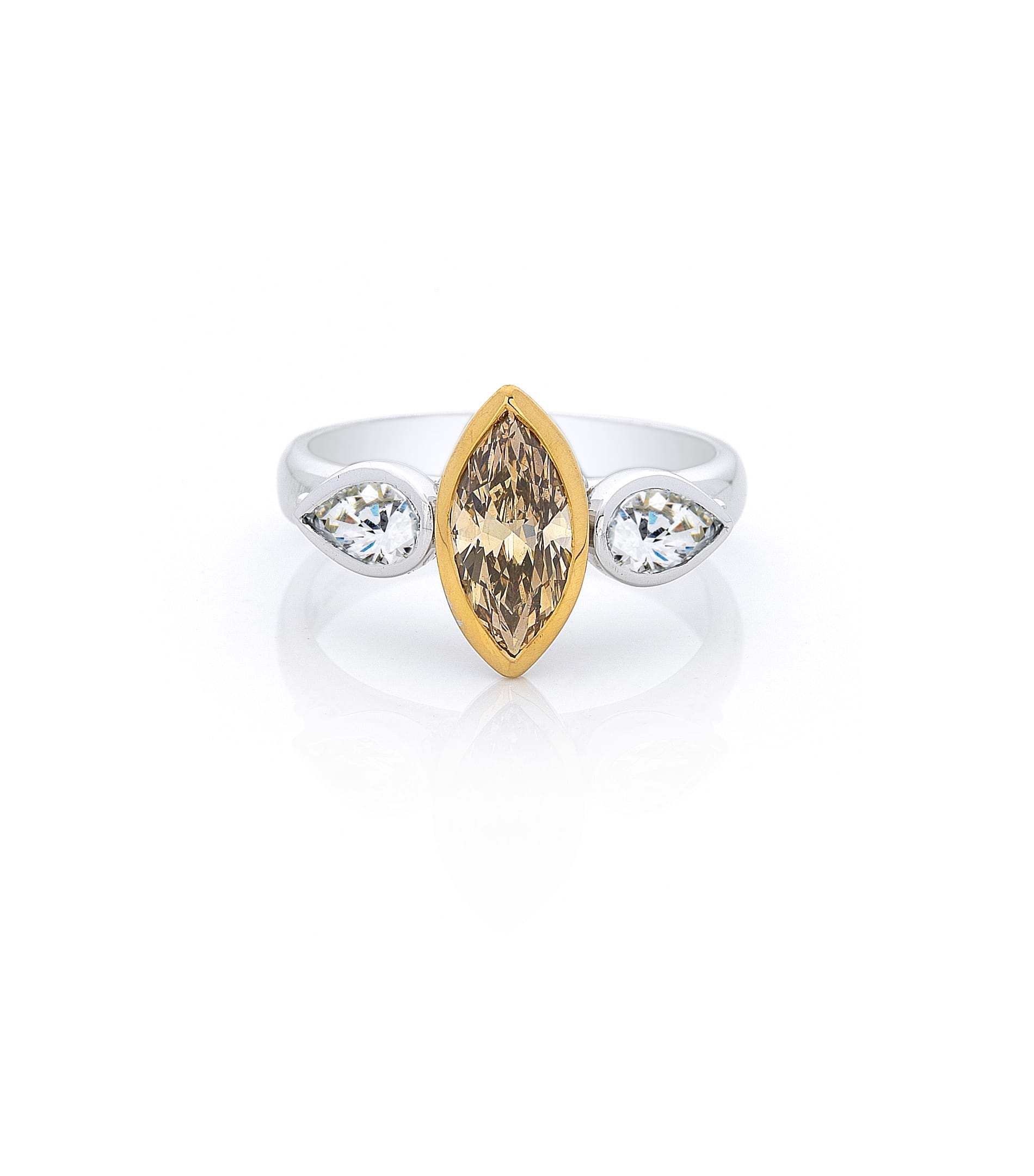 Marquise cognac centre stone with side pear diamonds, white gold band and yellow gold bezel setting, Melbourne Australia, beautiful rings