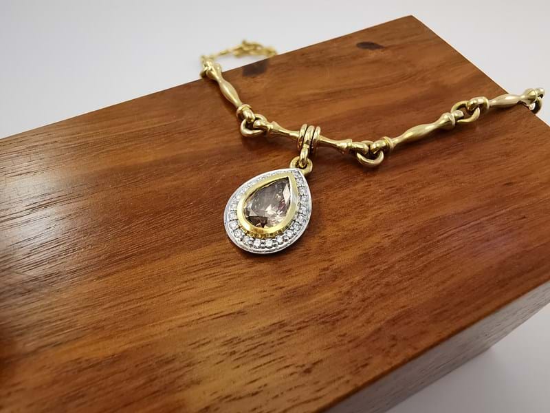 Pear-drop cognac diamond necklace with hourglass handcrafted solid neckchain, yellow gold and white gold with diamond halo, jewellery, Melbourne, Australia