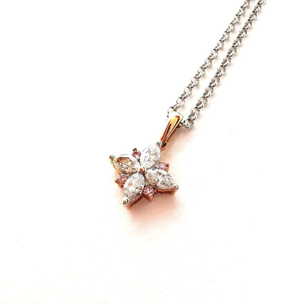 Argyle pink diamond pendant, blossom design, diamond jewellery, Eltham, Melbourne, Australia, Eltham jewellers, Melbourne jewellers, fine jeweller, bridal jewellery, wedding jeweller, pink diamond jewellery, rare diamonds