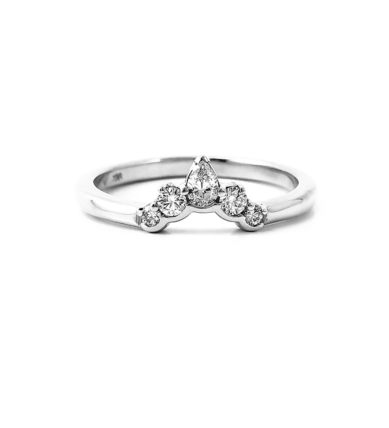 White gold, curved, contoured, crown, princess diamond band, wedding ring, diamond ring, wedding band, eternity ring, wedding anniversary ring, pear diamond, brilliant diamonds, round diamonds, fitted band, wedding ring set, Eltham jeweller, buy ring
