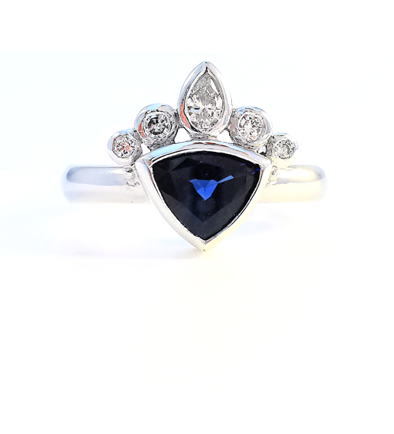 Sapphire crown ring, sapphire rings, gemstone rings, engagement rings, dress rings, cocktail rings, Eltham jeweller, Melbourne, Australia, trillion, trilliant