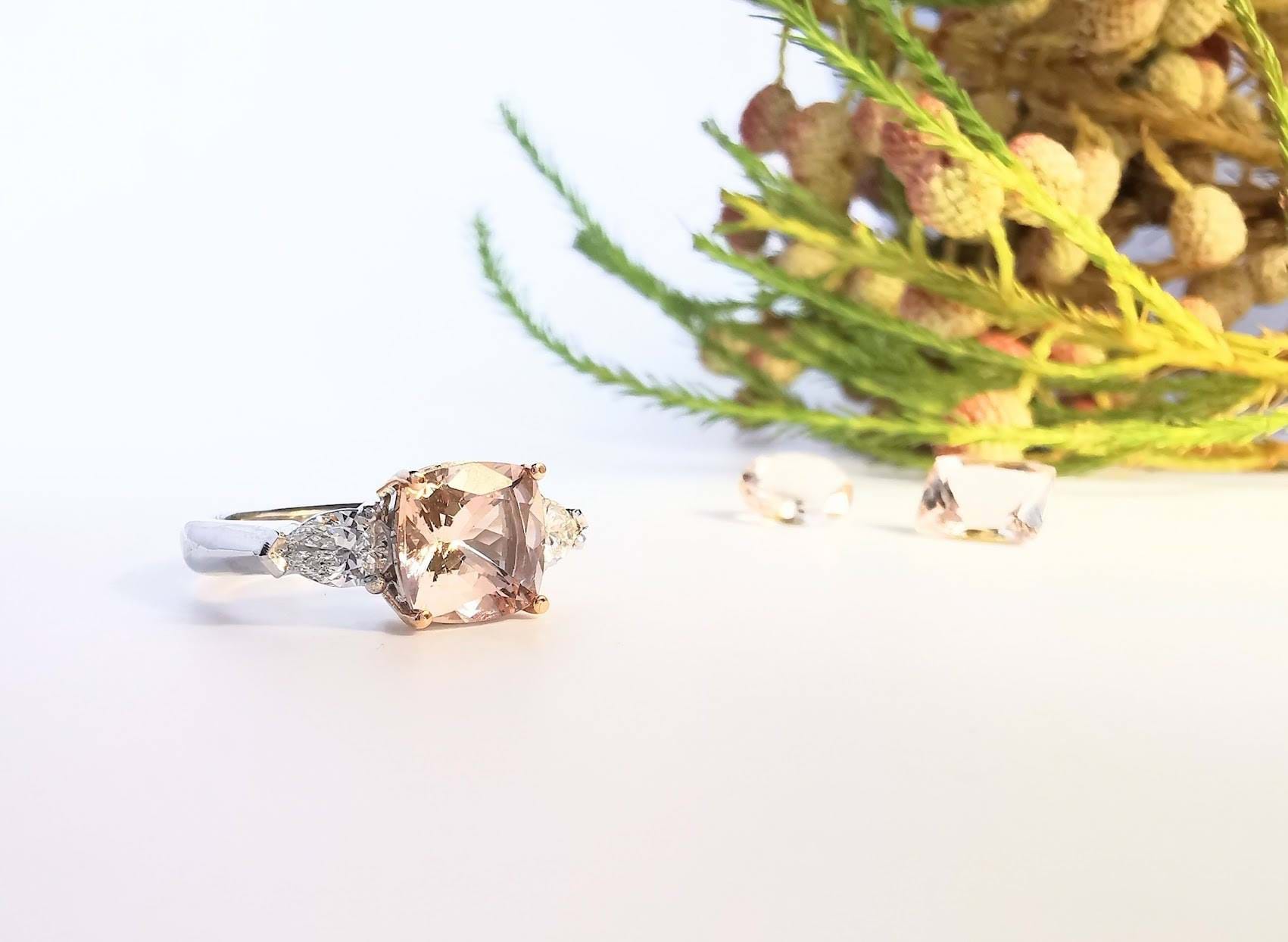 Azena three stone diamond engagement ring with centre morganite, morganite with side diamonds, beautiful rings, buy rings online, buy engagement rings online, handcrafted rings, morganite jewellery, morganite gemstone ring, online jewellery shop, Eltham, Melbourne jeweller, Australia