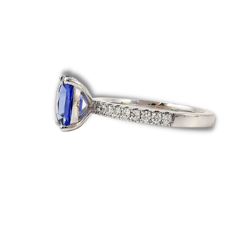 Aria blue sapphire cushion shape centre stone with diamond shoulders, Eltham jewellery store, engagement rings online, online jewellery store, Melbourne jeweller, Australia