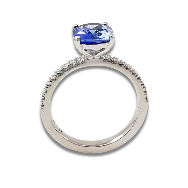 Aria cushion cut blue sapphire ring with diamond shoulders, side profile, Melbourne jeweller, Jewellery store in Eltham, Australia