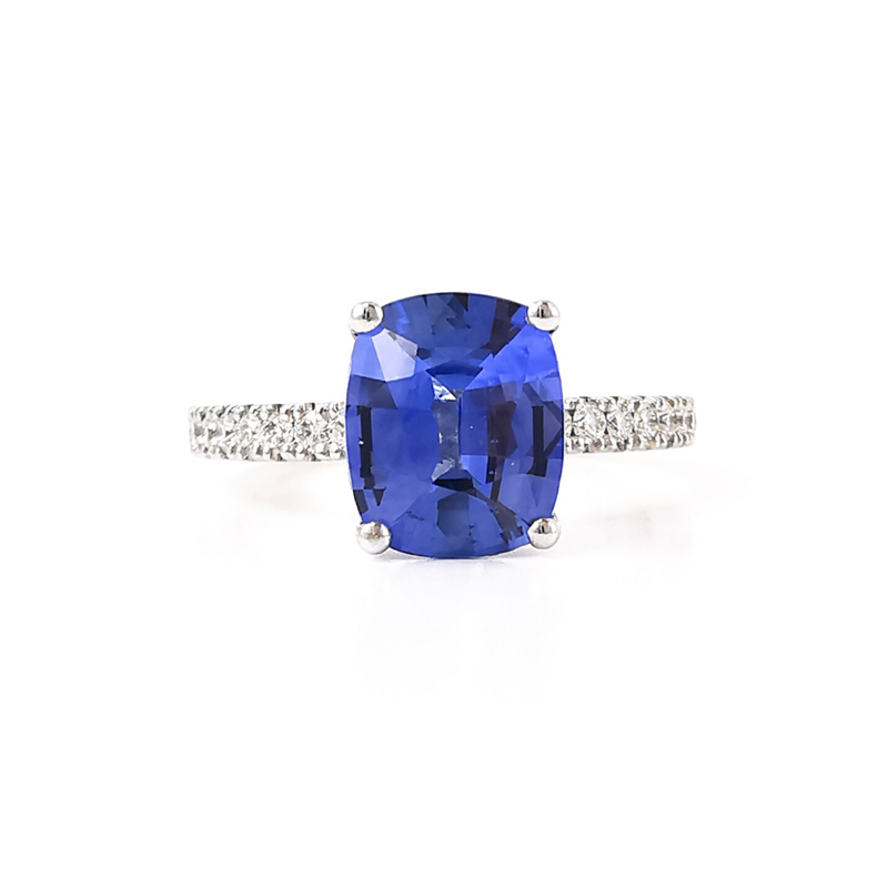 Cushion cut blue sapphire solitaire with diamond shoulders, engagement ring, dress ring, anniversary ring, rare gemstone rings, 2ct gemstone ring, beautiful rings, Eltham jewellery store, Melbourne, Australia