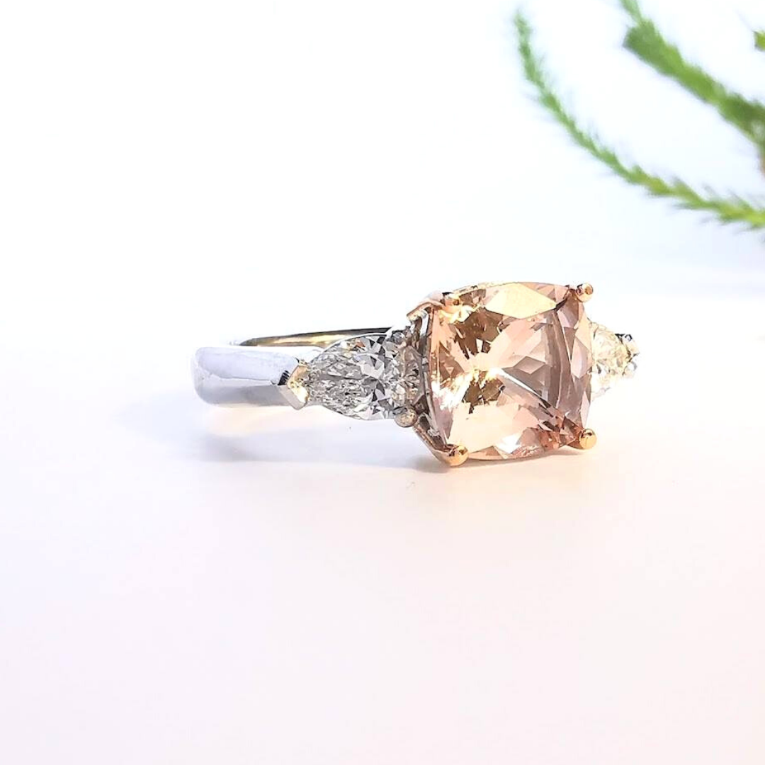 Azena morganite and diamond three stone engagement ring, anniversary rings, dress rings, pink gemstones, cushion cut morganite with side pear diamonds, Melbourne Australia