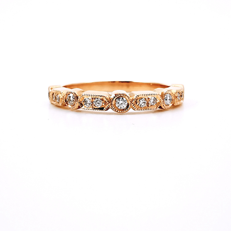 Vintage design diamond band with milgrain hexagonal and round settings in rose gold, Melbourne Australia