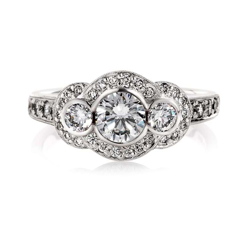 Art deco style diamond ring with three stones, milgrain setting and diamond shoulders, engagement rings, Melbourne Australia