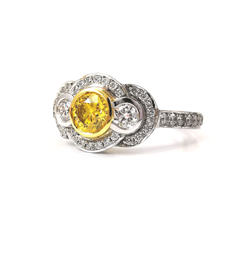 Art deco design ring with fancy natural coloured yellow diamond centre stone with side and milgrain diamonds, rare high quality yellow diamond ring, Eltham, Melbourne
