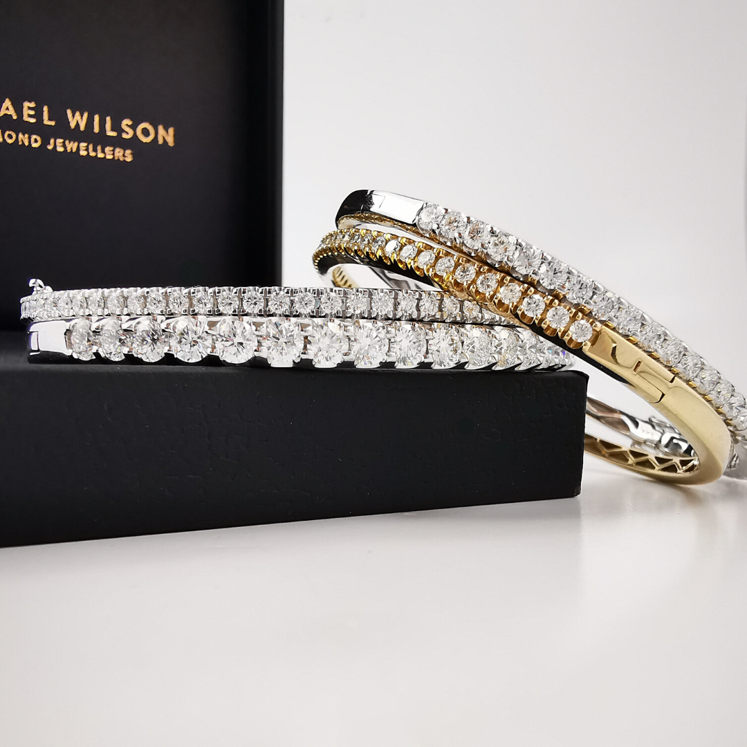 Diamond bangles in white gold and yellow gold, 1.0ct, 2.0ct, 4.0ct total weights, Eltham, Melbourne, Australia
