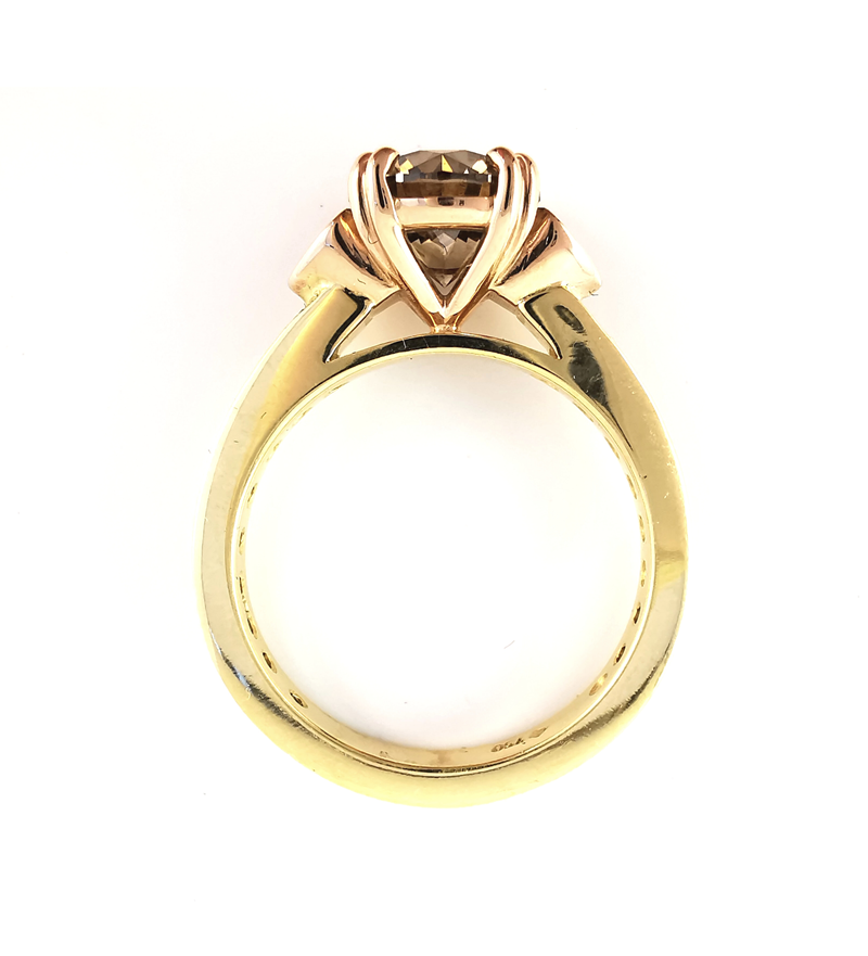 Rare Argyle pink diamond and cognac ring, heart settings, brilliant round diamonds, double claws, fancy ring, rose gold rings, yellow gold, diamonds in band, diamond shoulders, engagement ring ideas, wedding anniversary rings, trilogy rings