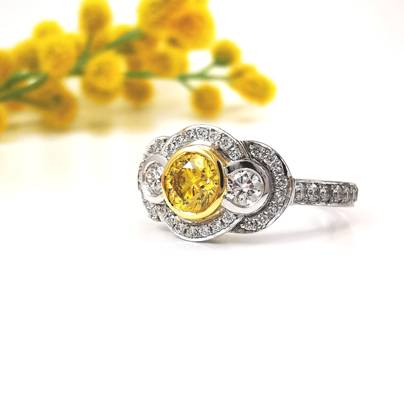 Art deco design ring with fancy natural coloured yellow diamond centre stone with side and milgrain diamonds, rare high quality yellow diamond ring, Eltham, Melbourne
