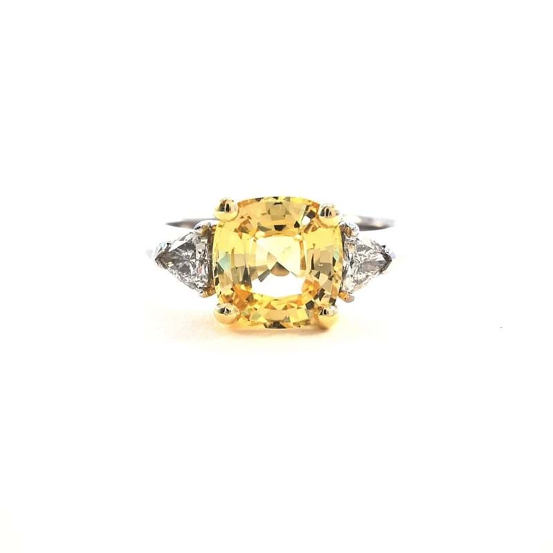 Golden yellow Sapphire Cushion Cut Diamond Ring, Melbourne Australia, trilogy rings, trilogy engagement ring