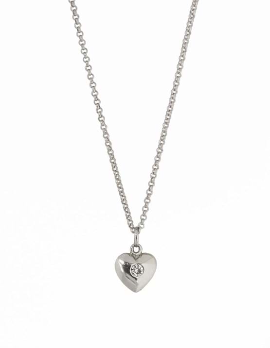 White gold heart charm pendant, puffed heart, with centre diamond on a matching chain, Valentine's Day present guide, Eltham, Melbourne, Australia