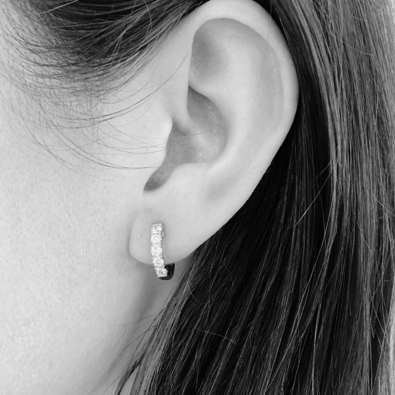 Huggie diamond earrings on model, diamond jewellery, gifts, Melbourne Australia