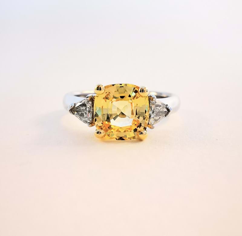 Golden yellow sapphire and diamond ring, Melbourne Australia, trilogy rings, trilogy engagement ring