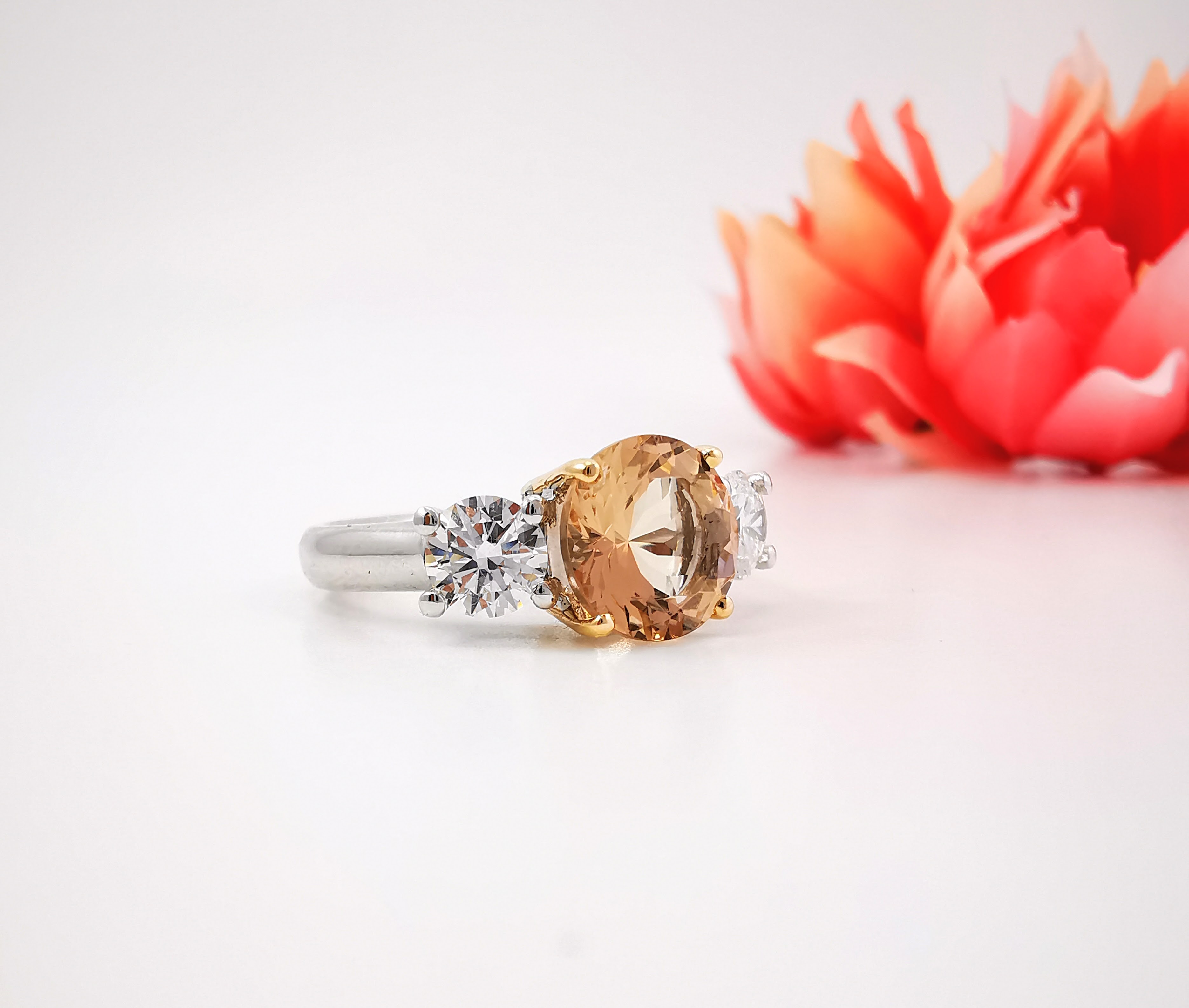 Brilliant morganite and diamond three stone ring in white gold with rose gold claws, Melbourne Australia