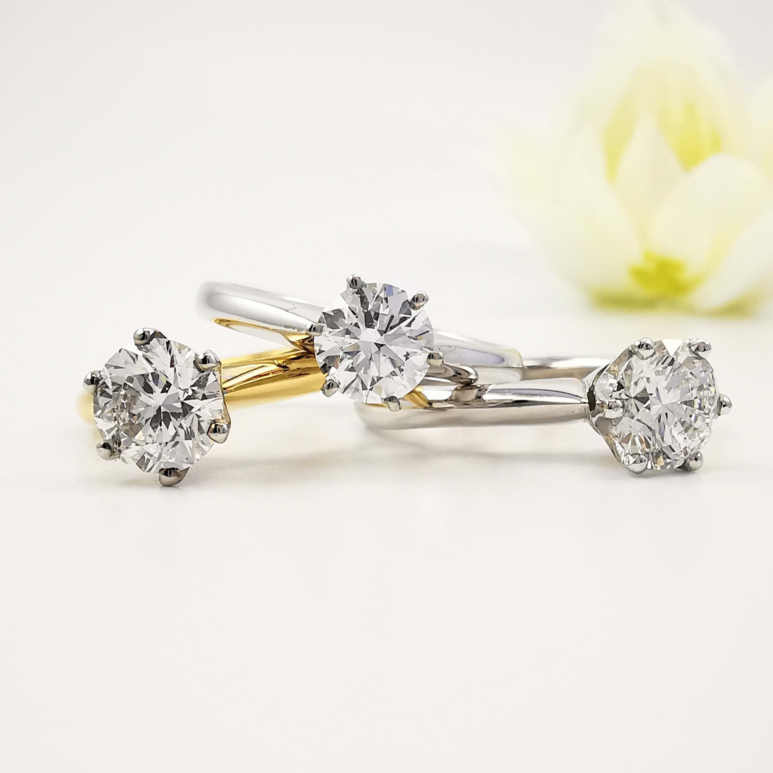 Six claw diamond solitaire engagement rings in white and yellow gold, round brilliant diamonds, six claws, Eltham jeweller, Melbourne, Australia