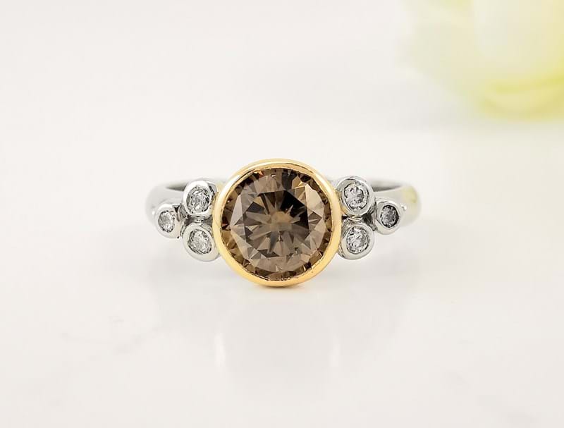 Seven stone cognac and diamond ring, brilliant round centre stone cognac diamond, yellow gold and platinum, anniversary ring, engagement ring, handcrafted rings, beautiful rings, Eltham, Melbourne, Australia