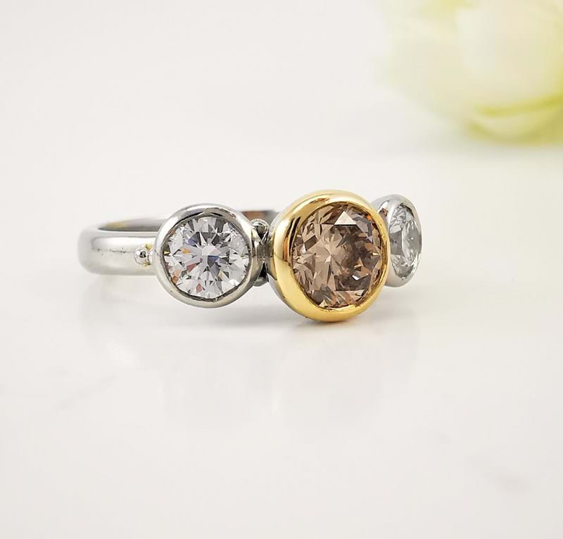 Three stone cognac and diamond ring, brilliant round centre stone cognac diamond, yellow and white gold, anniversary ring, engagement ring, handcrafted, Eltham, Melbourne, Australia, trilogy