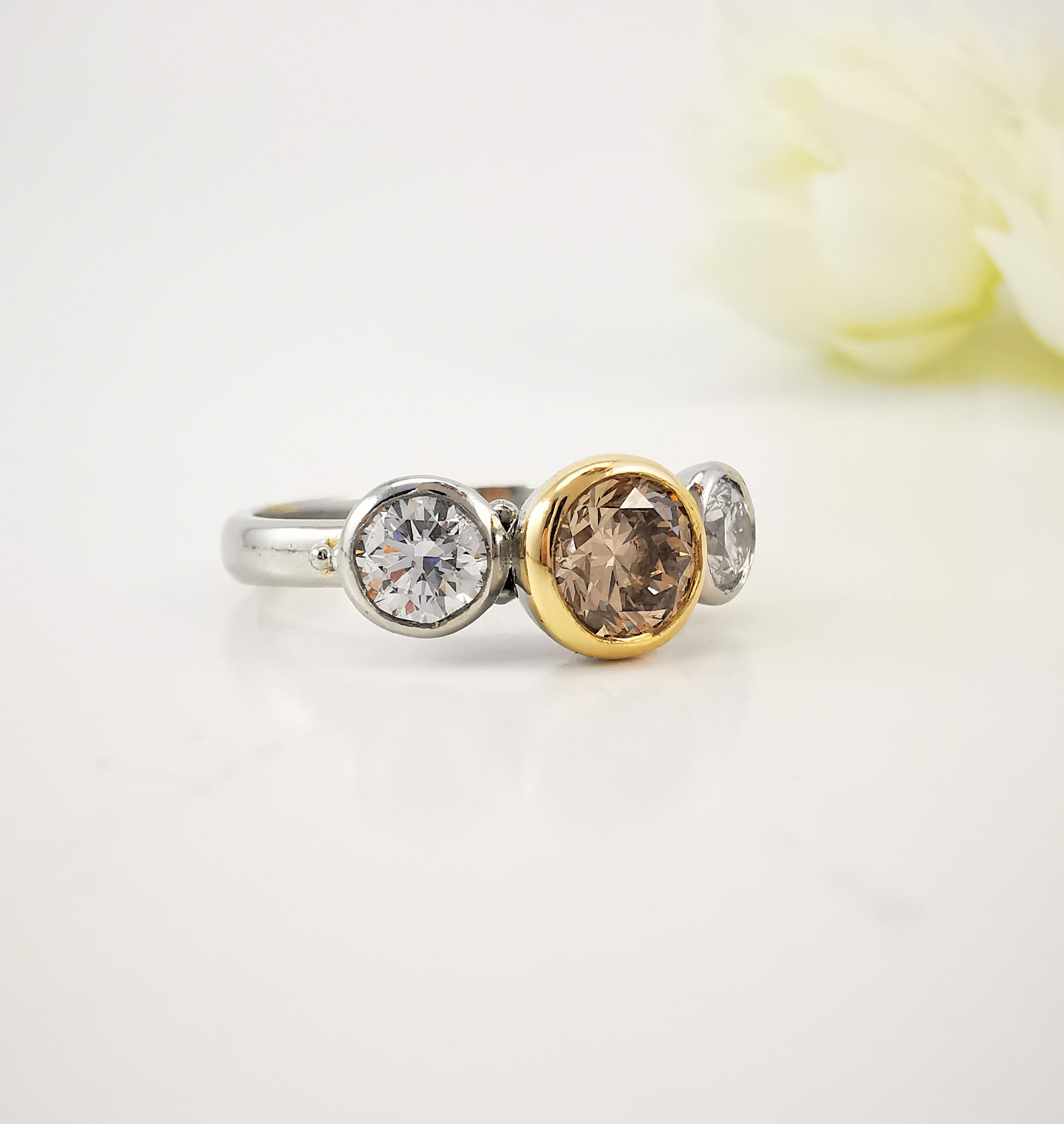 Three stone cognac and diamond ring, yellow gold and white gold, Eltham jeweller, handcrafted rings