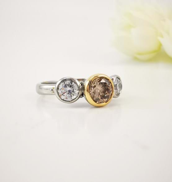 Three stone cognac and diamond ring, yellow gold and white gold, Eltham jeweller, handcrafted rings