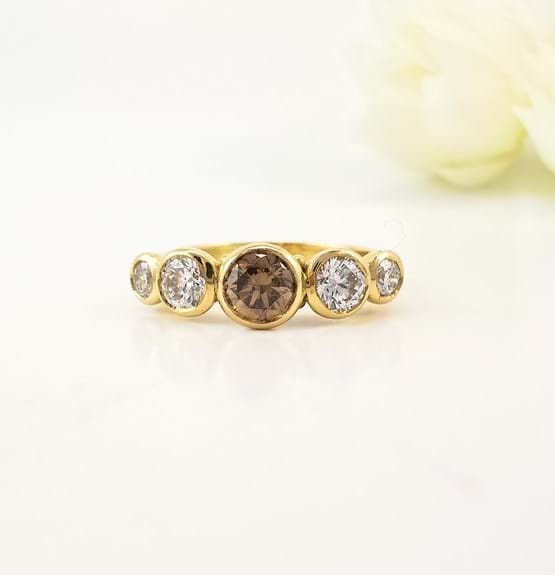 Cognac diamond ring, five stone, anniversary ring, yellow gold rings, Eltham jewellery, Melbourne