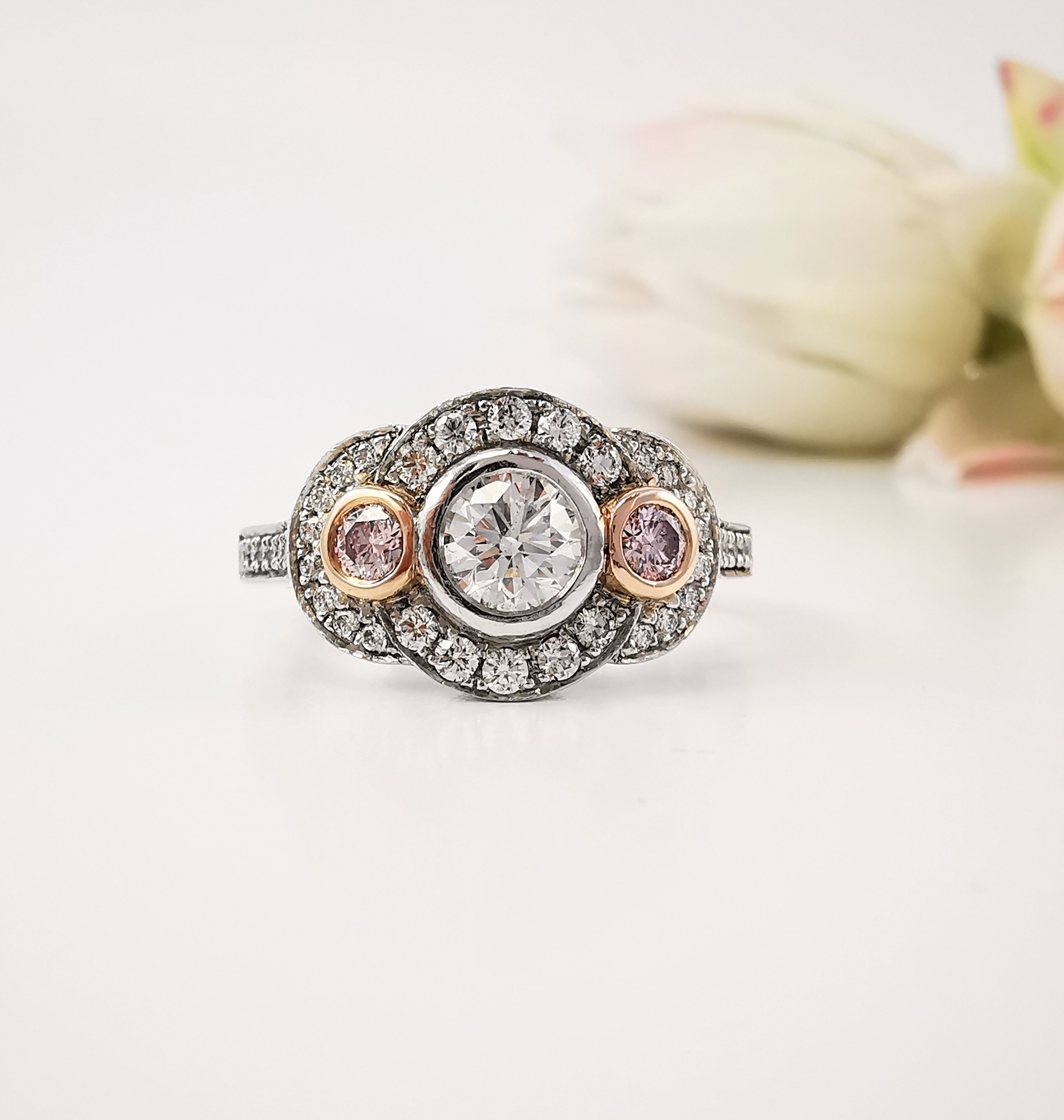Argyle pink diamond art deco design ring, Melbourne Australia, matching round pink diamonds, brilliant cut, statement rings, rare pink diamonds, Eltham jewellers 