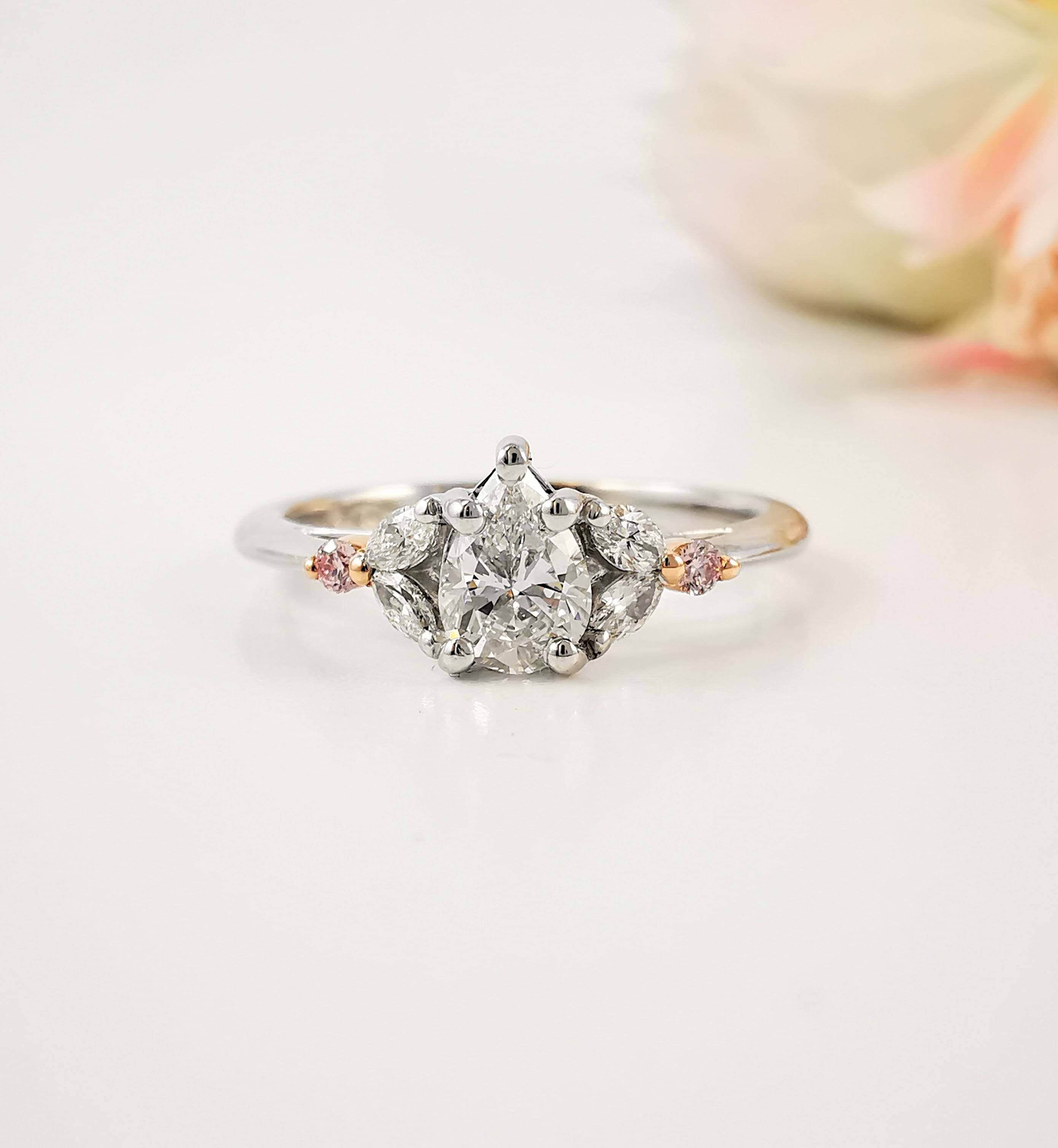 Seven stone ring, pear diamond with marquise and round pink diamond, white gold, bespoke custom made, Eltham jeweller, Melbourne, Australia