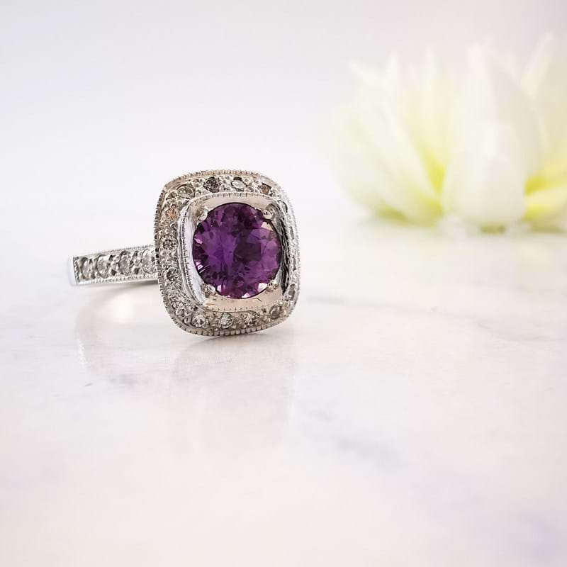 Purple sapphire halo ring, gemstone rings, handcrafted rings, beautiful rings, Eltham jewellery, shop online, Melbourne