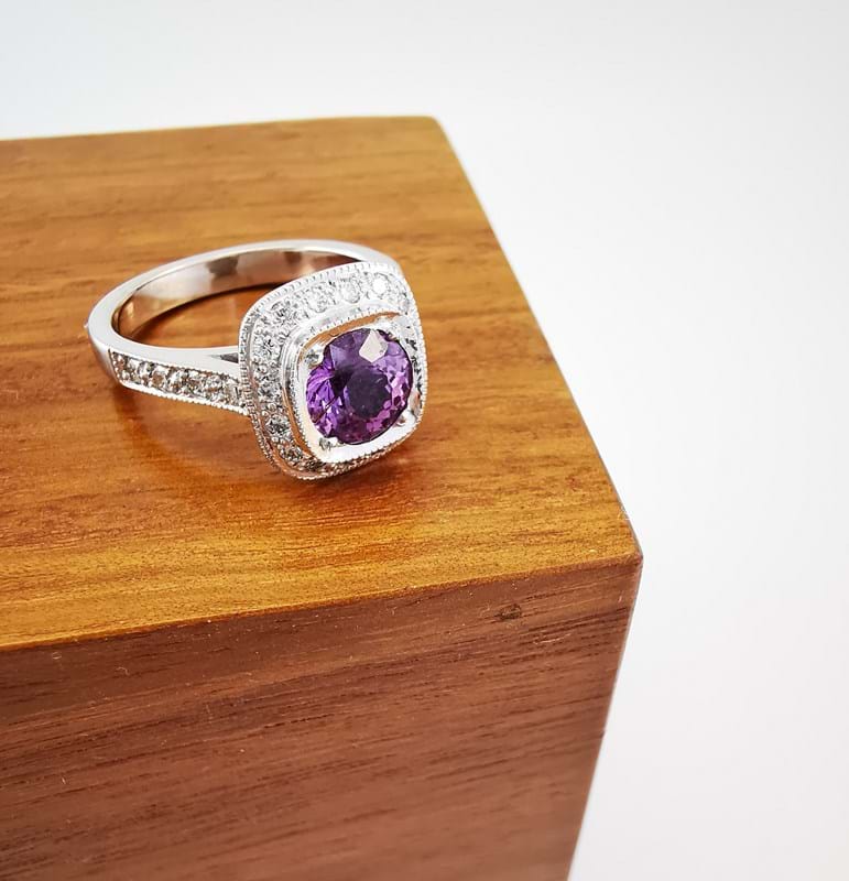 Purple sapphire halo ring, gemstone rings, handcrafted rings, beautiful rings, Eltham jewellery, shop online, Melbourne