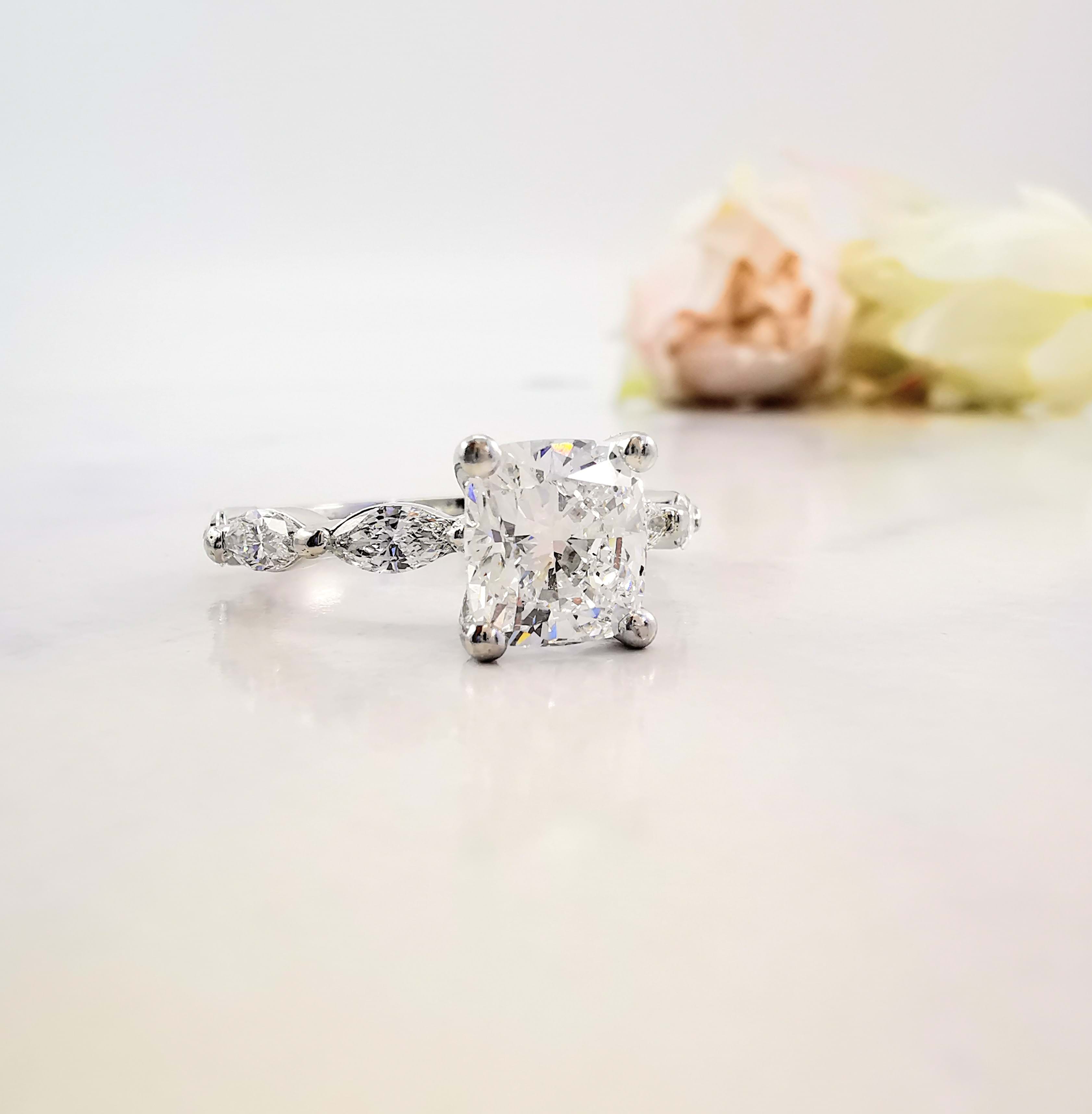 Bespoke engagement ring, custom made, cushion cut 2ct diamond, marquise diamond band, Eltham jeweller, Melbourne, Australia