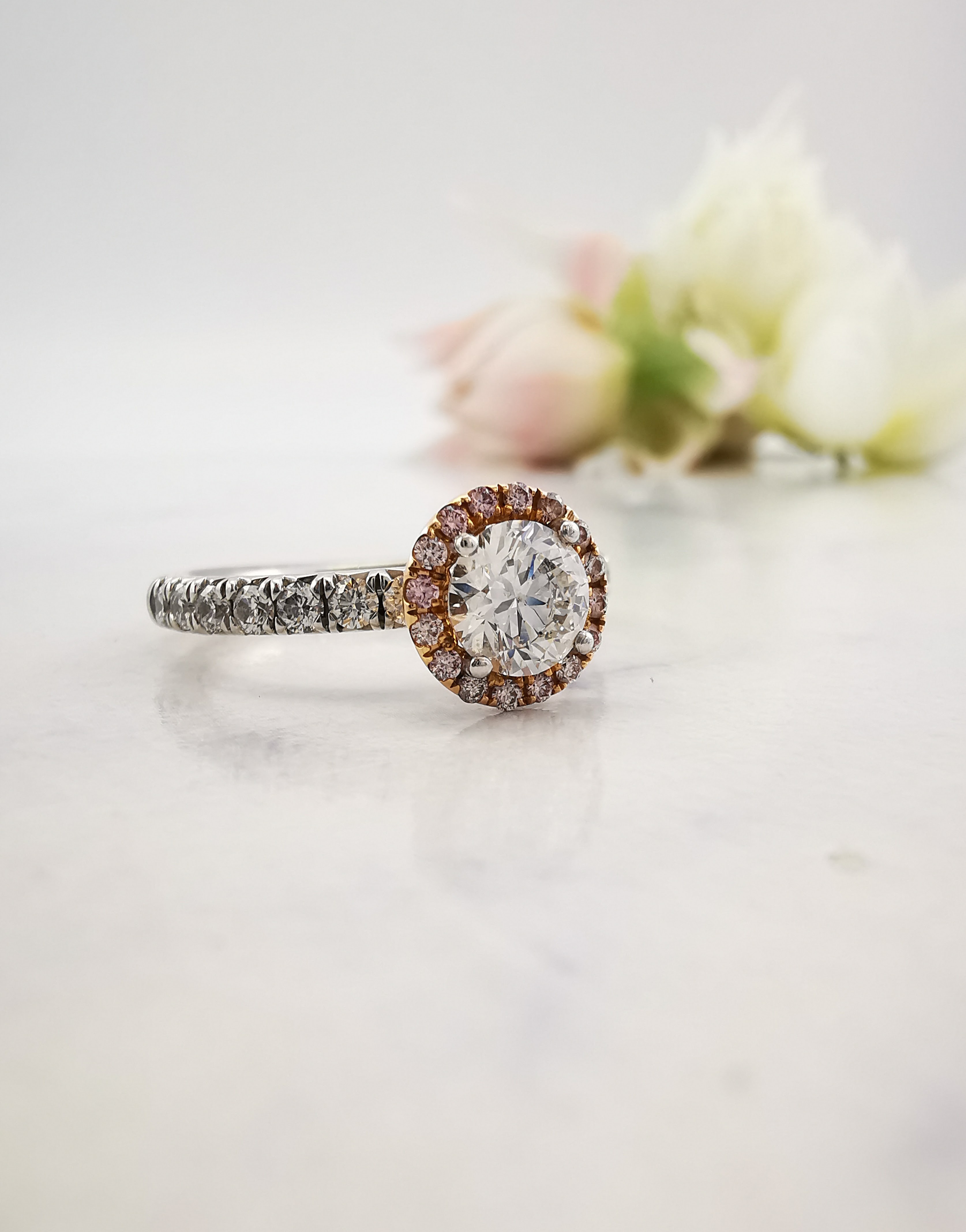 Argyle pink diamond engagement ring, halo ring, Eltham jeweller, Melbourne, Australia