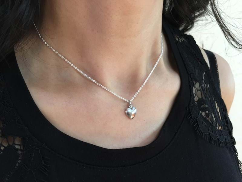 Heart pendant in sterling silver on model, charm, jewellery, Melbourne Australia, confirmation gifts for teenage girls