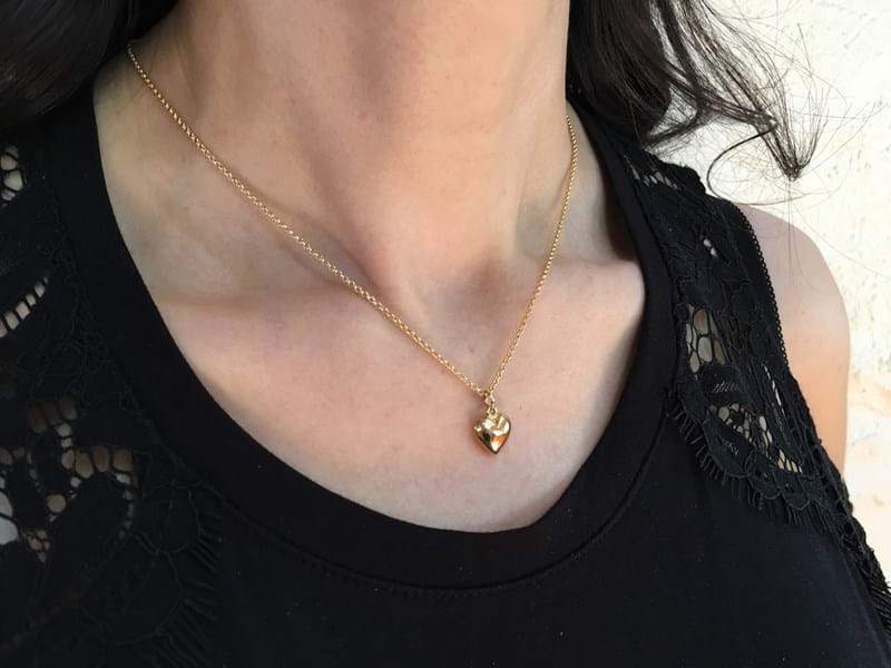 Heart pendant in yellow gold on model, charm, jewellery, Melbourne Australia, confirmation gifts for teenage girls