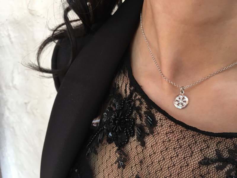 Snowflake diamond pendant on model, white gold, diamond jewellery, bridal accessories, gifts, Melbourne Australia