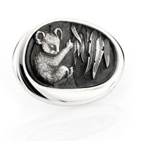 Handcrafted oxidised sterling silver brooch with koala on a tree with gum leaves, animal jewellery, native Australian animals, Eltham jeweller, Melbourne, online jewellery store, souvenirs, Australiana, brooches 