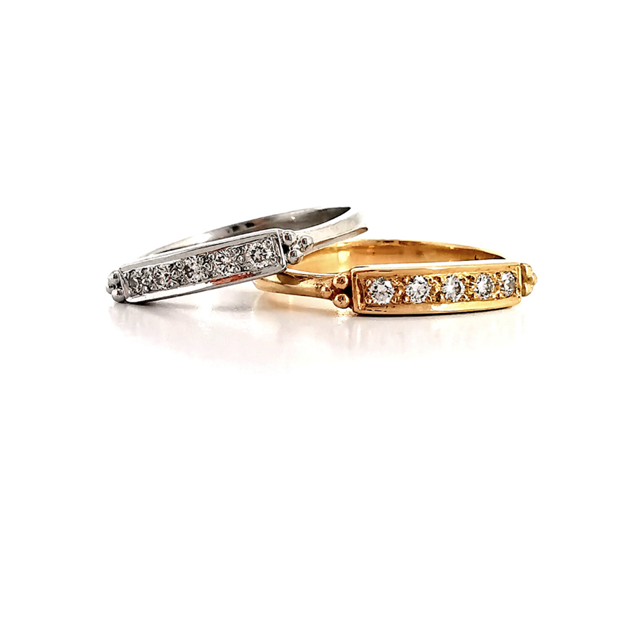 Rectangle granulation diamond bands in white gold and yellow gold, Melbourne Australia