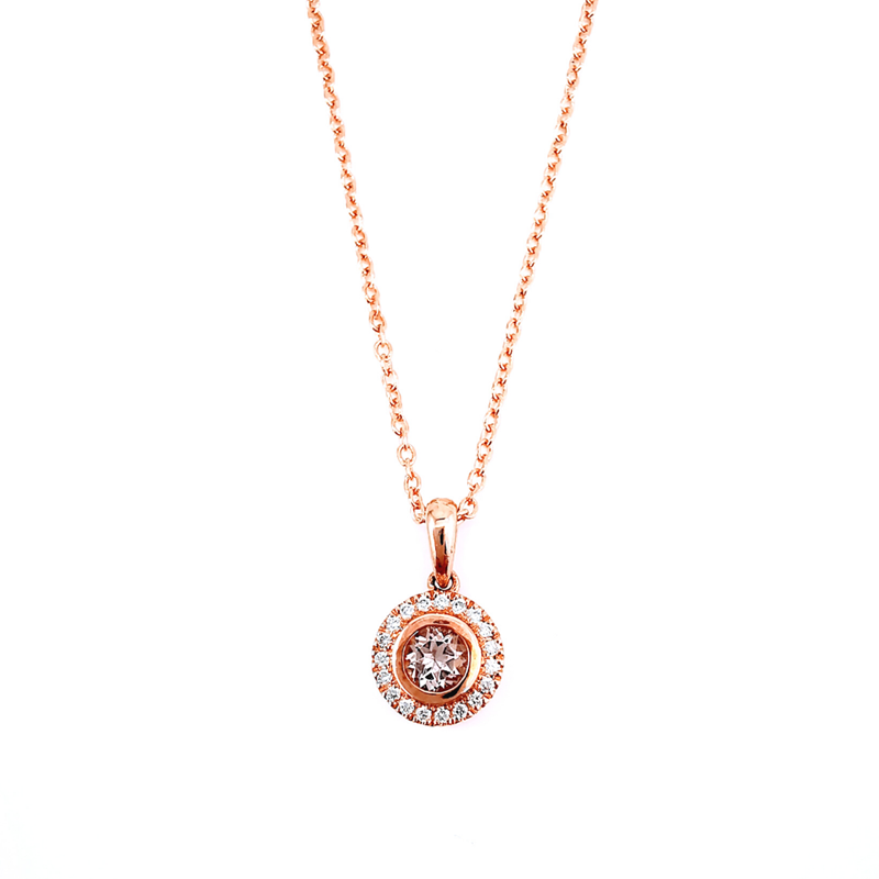 Morganite semi-precious gemstone pendant with diamond halo, everyday jewellery, Eltham, Melbourne, Australia