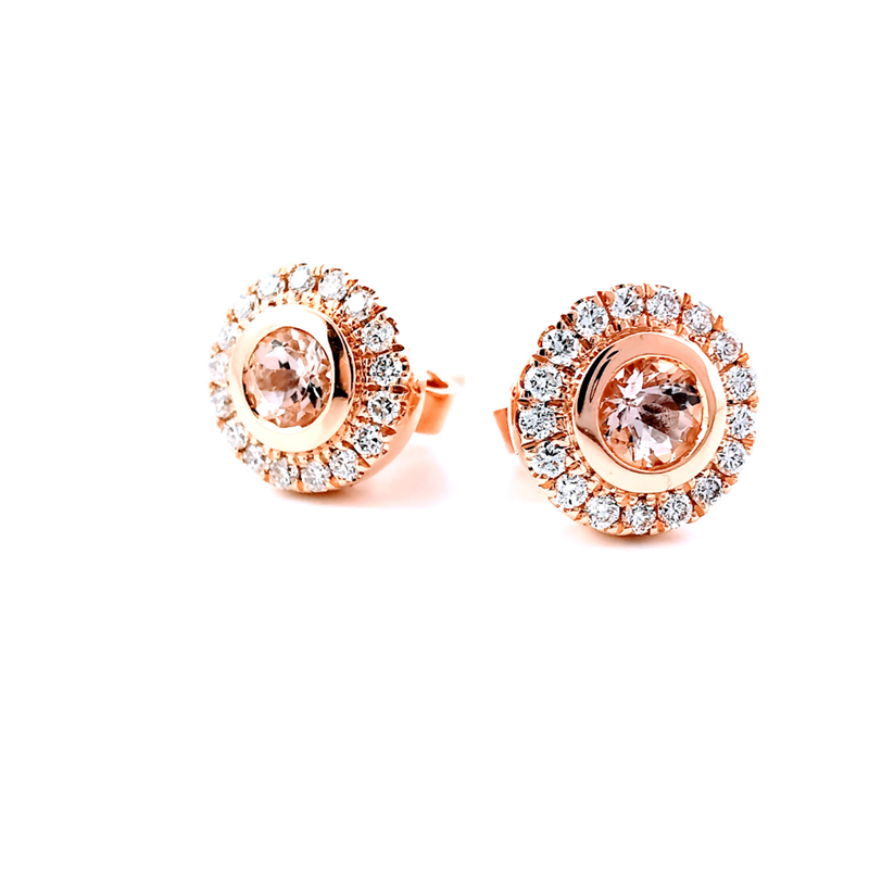 Morganite gemstone stud earrings with diamond halo in rose gold, jewellery, Eltham, Melbourne, Australia