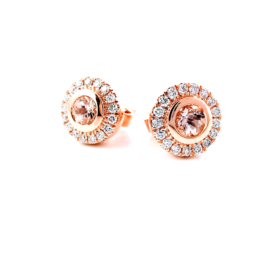 Morganite and diamond stud earrings, everyday diamonds, halo stud earrings, diamond jewellery, Eltham jewellers, bridal jewellery, Melbourne Australia