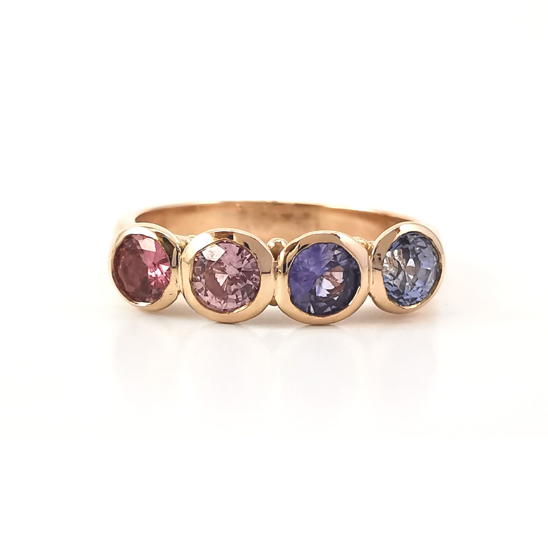 Rose gold multicoloured sapphire rainbow ring, September anniversary ring, Melbourne Australia