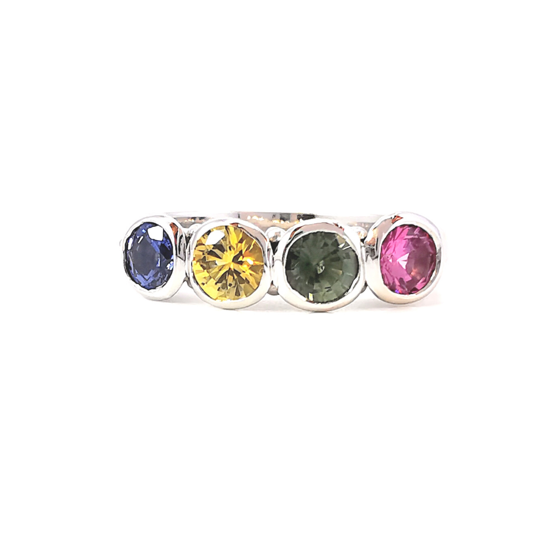 white gold multicoloured sapphire rainbow gemstone ring, anniversary September, Melbourne Australia