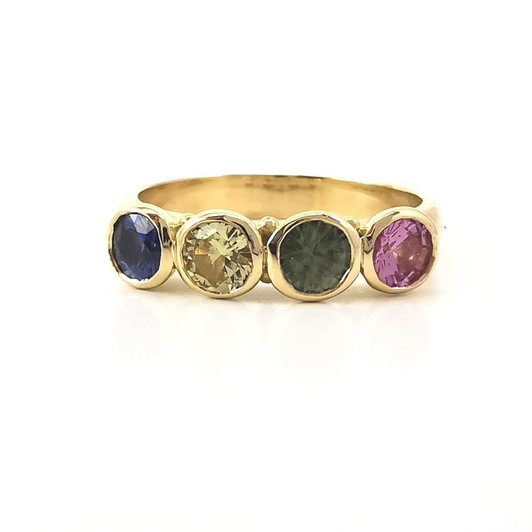 Multicoloured rainbow coloured sapphire four stone yellow gold ring, anniversary September ring, handcrafted, Melbourne Australia