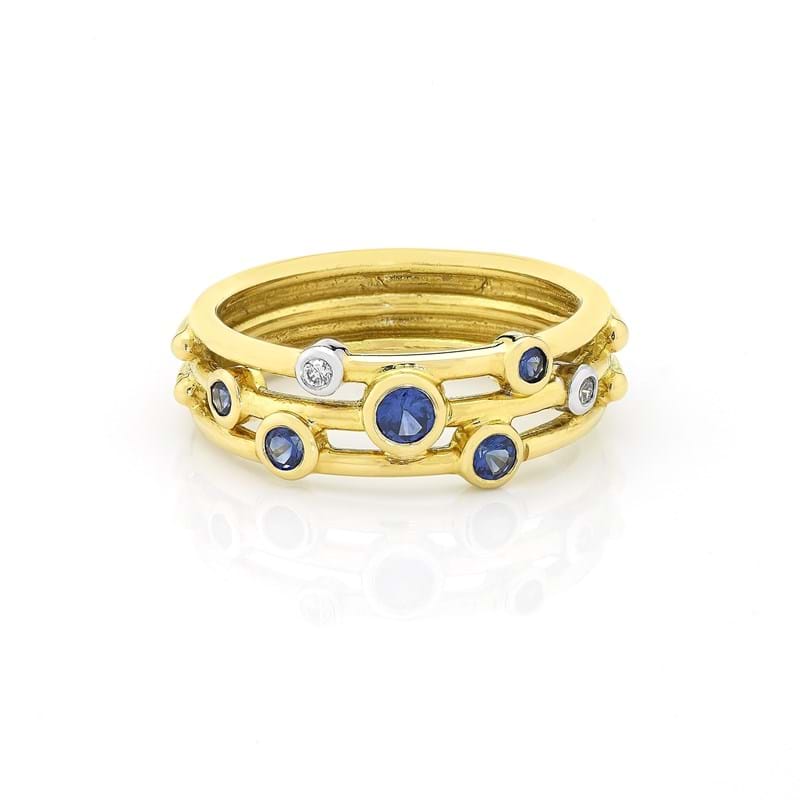 Blue sapphire and diamond two tone white gold and yellow gold wire ring, Melbourne Australia.