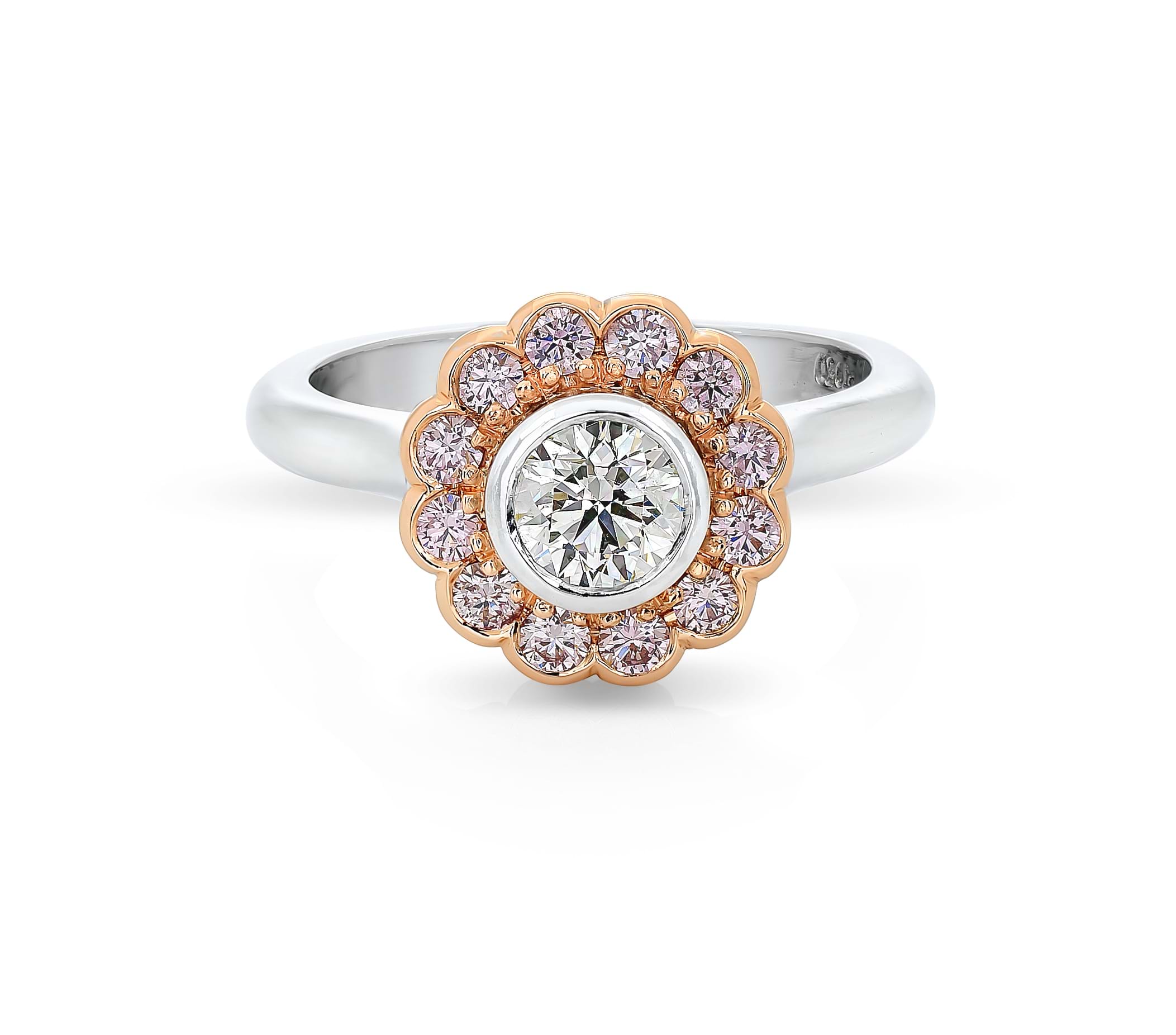 Argyle pink diamond ring, scallop halo, rare diamonds, flower ring, platinum and rose gold ring, statement rings,  diamond rings, Eltham jewellers, Melbourne jewellers, Australia