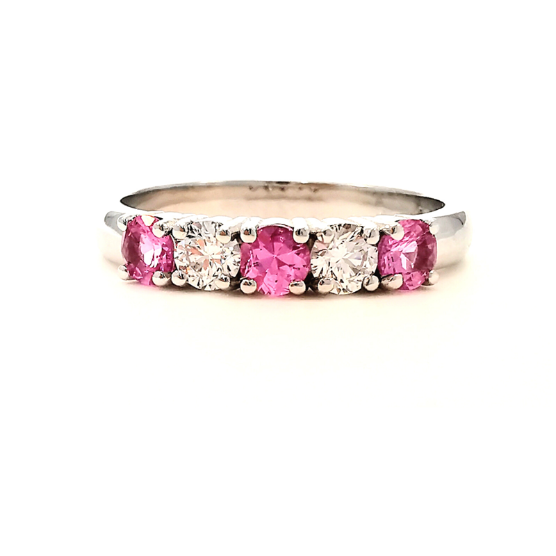 Claw set pink sapphire and diamond ring, wedding anniversary ring, eternity ring, Melbourne, Eltham jeweller, Australia