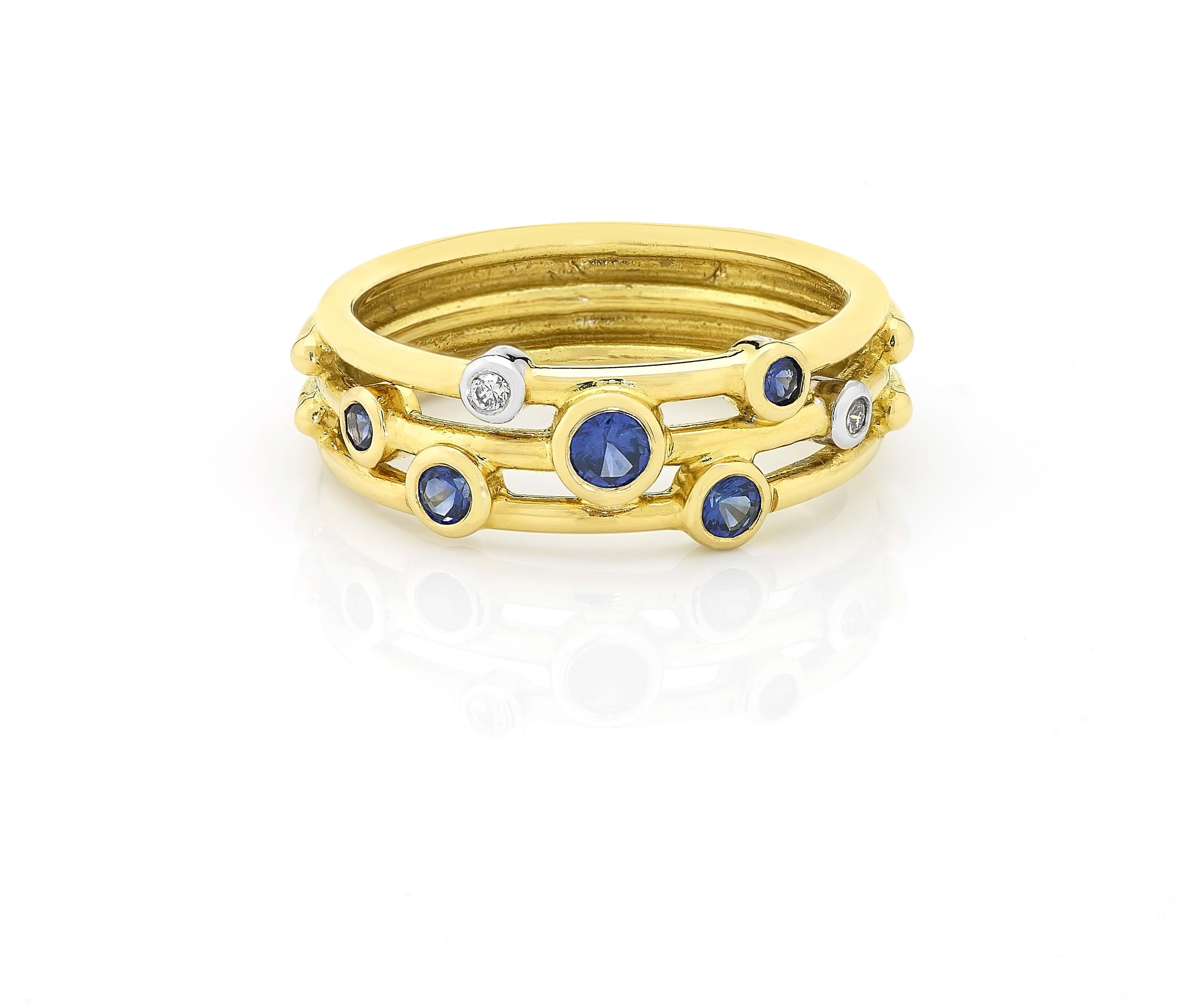 Blue sapphire and diamond wire ring in yellow gold, Melbourne Australia, handcrafted ring