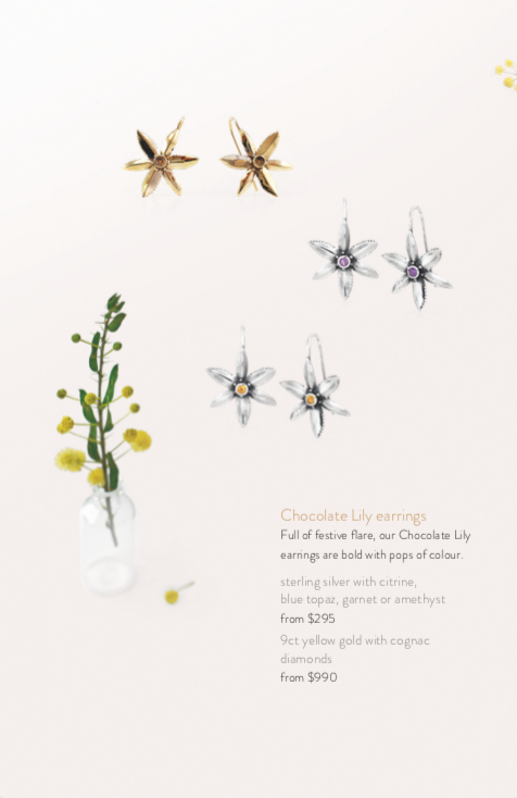 Chocolate lily earrings, sterling silver jewellery, native Australia flowers, handcrafted jewellery, yellow gold, Christmas gifts, Eltham, Melbourne, Australia