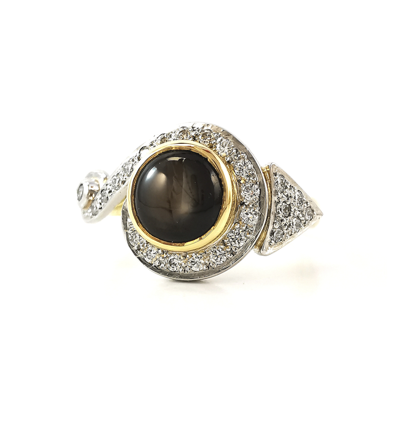 Scroll art deco style ring, black star sapphire, diamond ring, 1.74ct platinum and yellow gold, fancy rings, rare and fancy, cocktail rings, Melbourne jeweller, Eltham jeweller, buy rings online, jewellery website, Australia